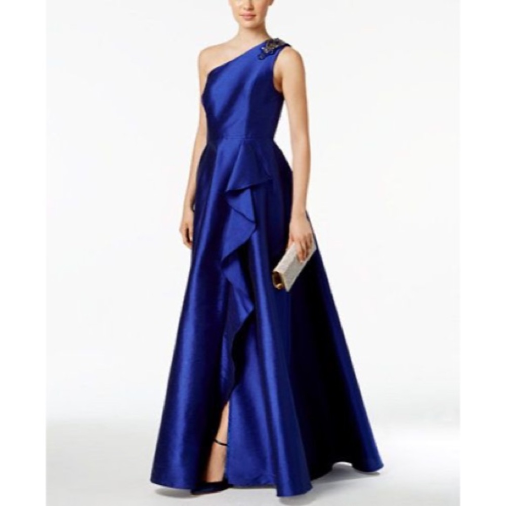 NWT Adrianna Pappell One Shoulder Faille Drape Gown - Royal Blue